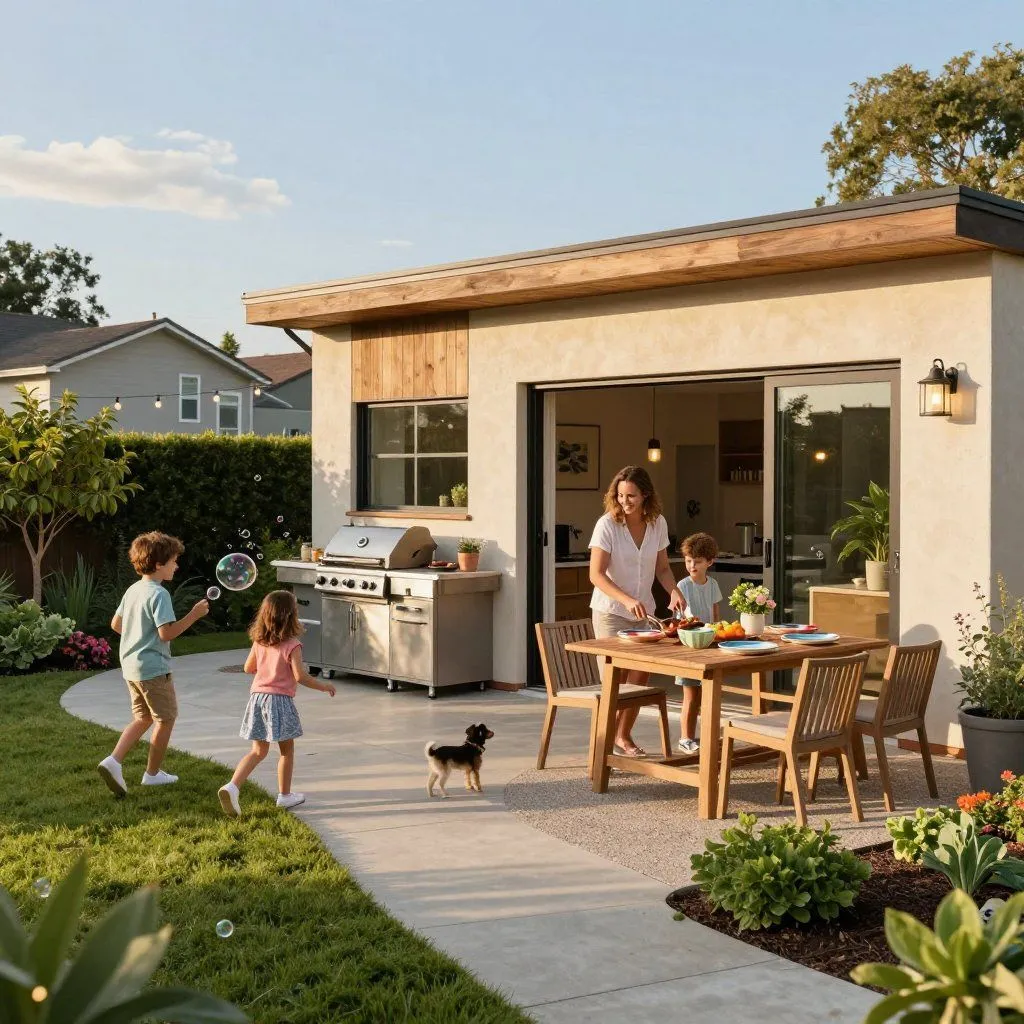 Family outside a converted backyard accessory dwelling unit